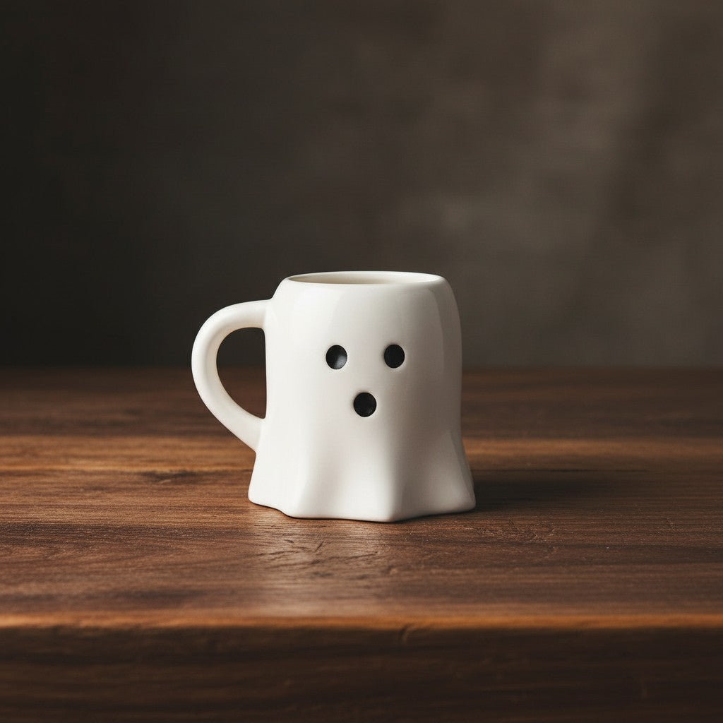 Impish Greetings white ceramic ghost-shaped coffee mug with a cute face on a rustic wooden table.