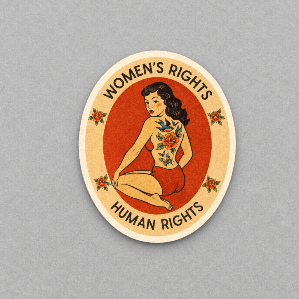 Impish Greetings Women's Rights sticker featuring a vintage pin-up illustration with floral tattoos on a cream oval.