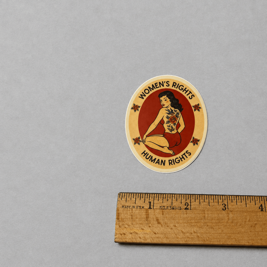 Impish Greetings Women's Rights sticker featuring a vintage pin-up illustration on a round waterproof vinyl decal.