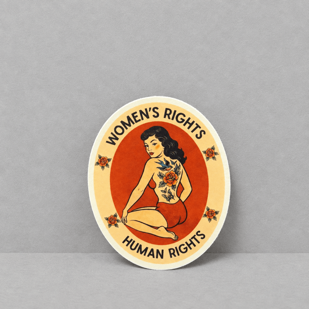 Impish Greetings Women's Rights sticker featuring a vintage pin-up illustration with floral tattoos on a red oval.