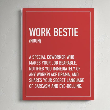 Impish Greetings Work Bestie definition greeting card in red with white typography on high-quality thick cardstock.