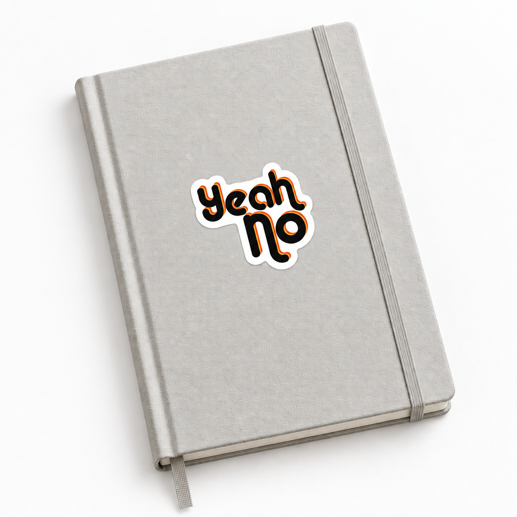 Impish Greetings Yeah No sticker with retro black and orange typography on a glossy white background.