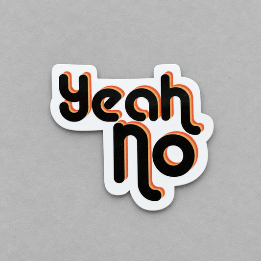 Impish Greetings Yeah No sticker with retro black and orange typography on a glossy white background.
