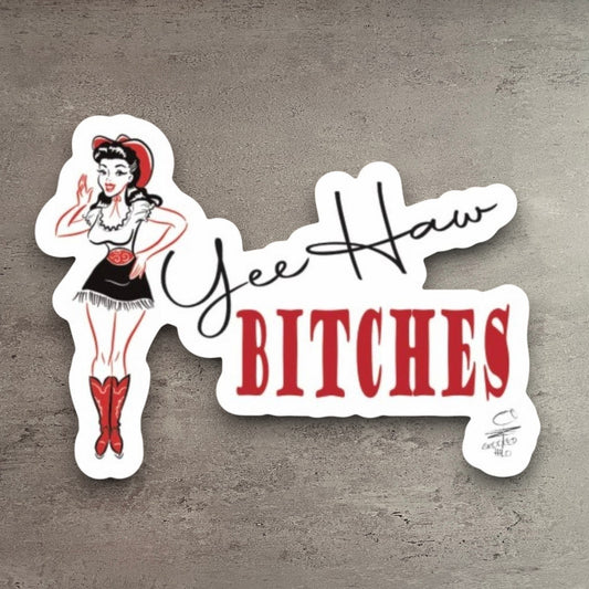Impish Greetings Yee Haw Bitches vinyl sticker featuring a pin-up cowgirl illustration in red and black