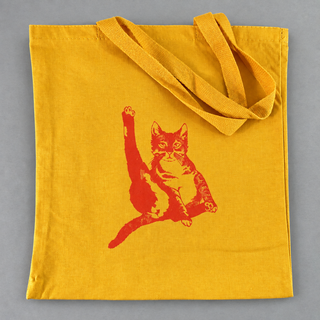 Impish Greetings yellow canvas tote bag featuring a red illustrated cat graphic