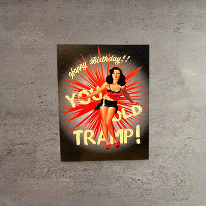 You Old Tramp birthday card with a retro pin-up girl illustration on velvety black cardstock.