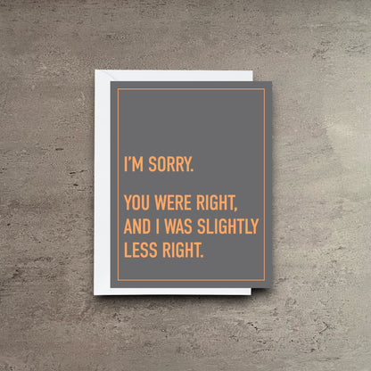 Impish Greetings You Were Right greeting card with orange text on a grey background and white envelope