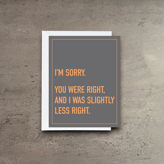 Impish Greetings You Were Right greeting card with orange text on a grey background and white envelope