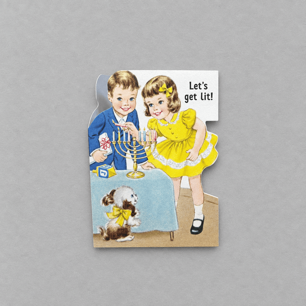Let's Get Lit Hanukkah Greeting Card photo 1 on the lighter grey backdrop