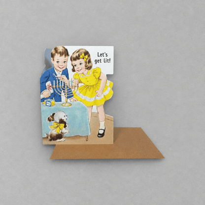 Let's Get Lit Hanukkah Greeting Card photo 2 on the lighter grey backdrop