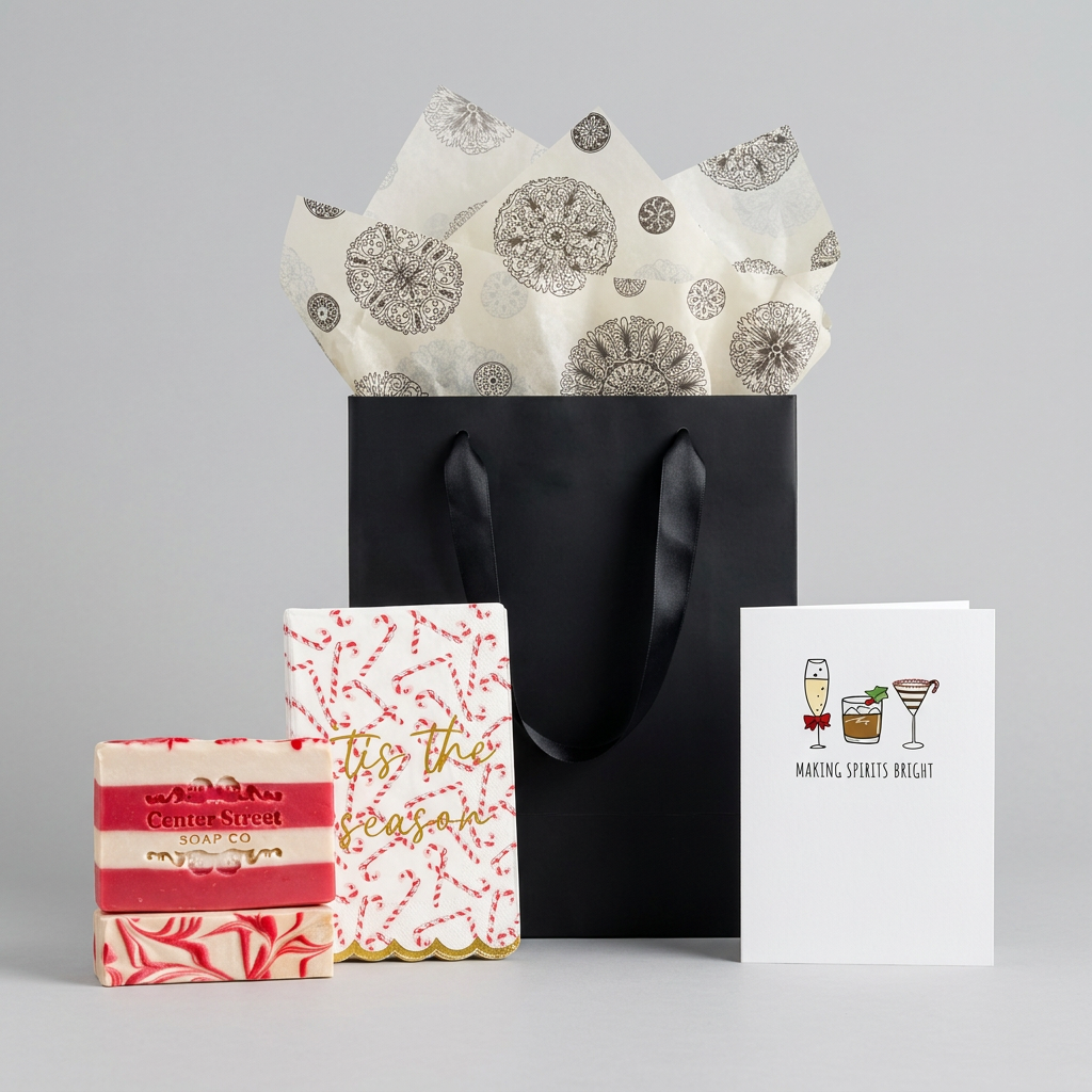 Merry...Whatever Gift Set with peppermint soap, festive guest towels, card, gift bag, and tissue on a grey backdrop