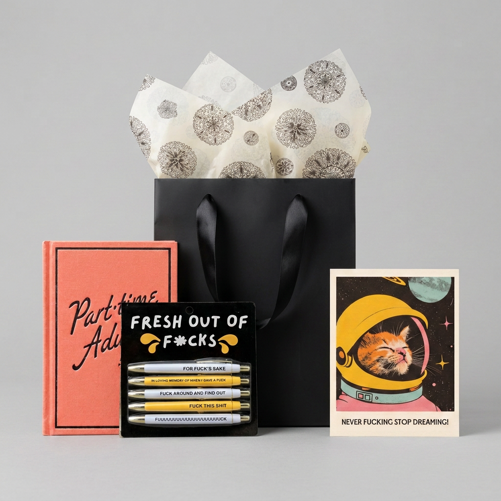 New Job gift set with black ribbon-handle gift bag