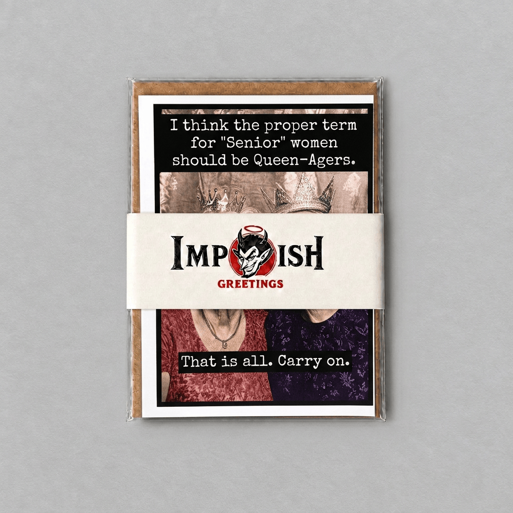 Queen-agers card pack with an off-white Impish Greetings band