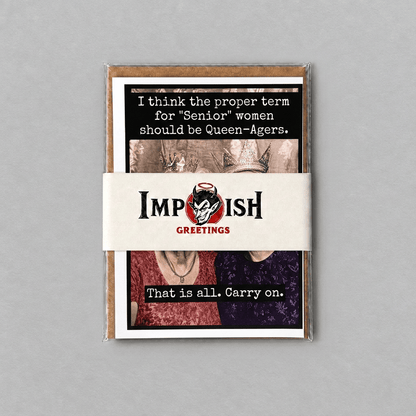 Queen-agers card pack with an off-white Impish Greetings band