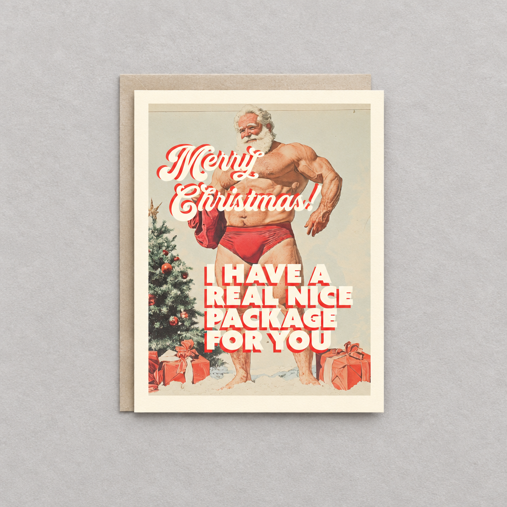 Nice package Christmas card with coordinating envelope on a grey background