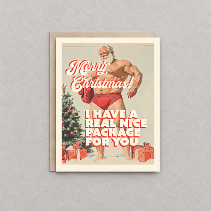 Nice package Christmas card with coordinating envelope on a grey background