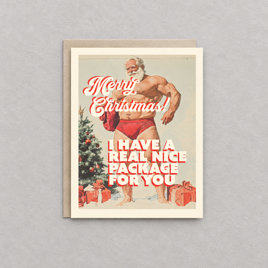 Nice package Christmas card with coordinating envelope on a grey background