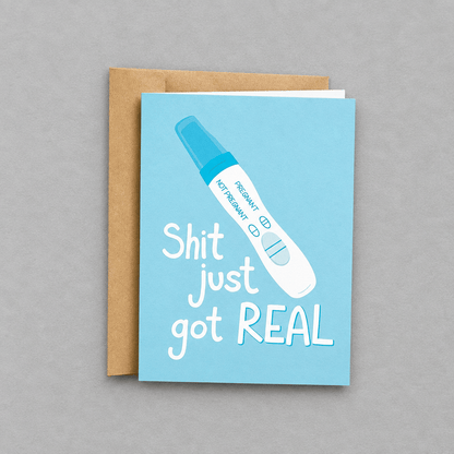 Shit Just Got Real Pregnancy Card photo 1 on the lighter grey backdrop
