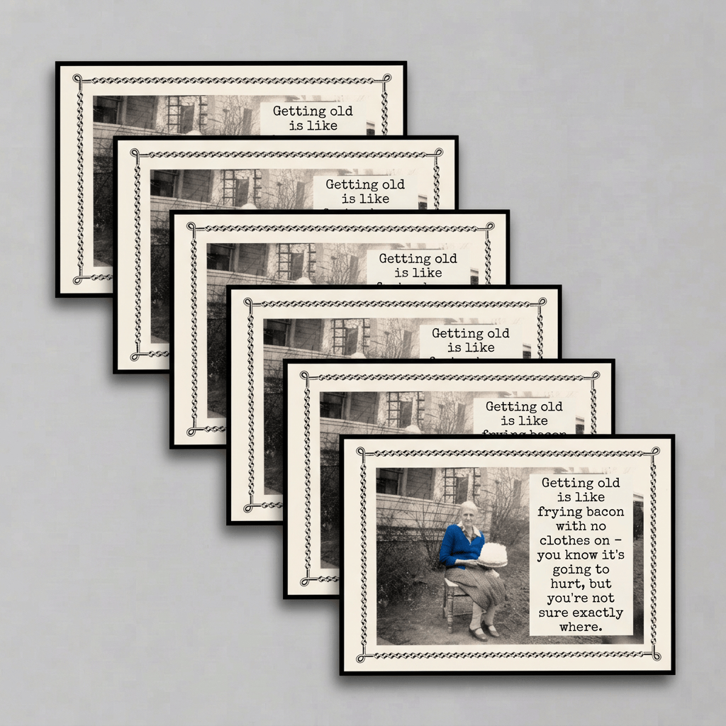 Six Frying Bacon Naked cards in a diagonal waterfall on muted light grey