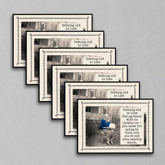 Six Frying Bacon Naked cards in a diagonal waterfall on muted light grey