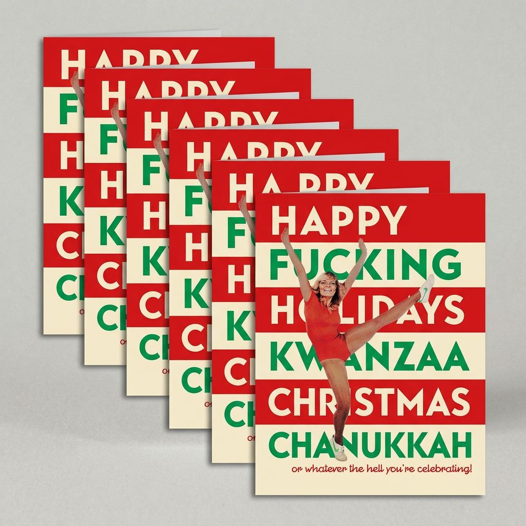 Six holiday cards cascading diagonally