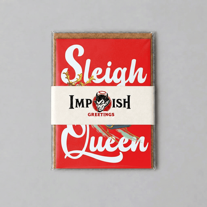 Sleigh Queen card-pack packaging concept with an off-white Impish Greetings wrap and muted grey background