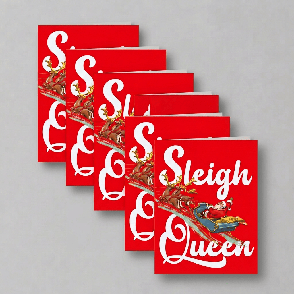 Sleigh Queen six-card waterfall with the grey background matched to the wrapped pack