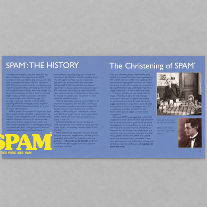 Spam Hardcover Cookbook history page on the lighter grey backdrop