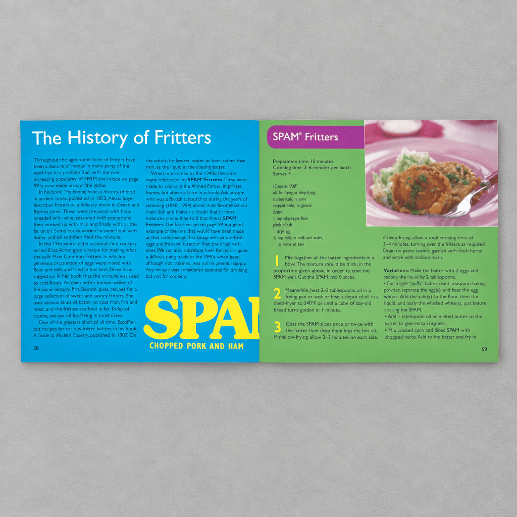 Spam Hardcover Cookbook recipe page on the lighter grey backdrop