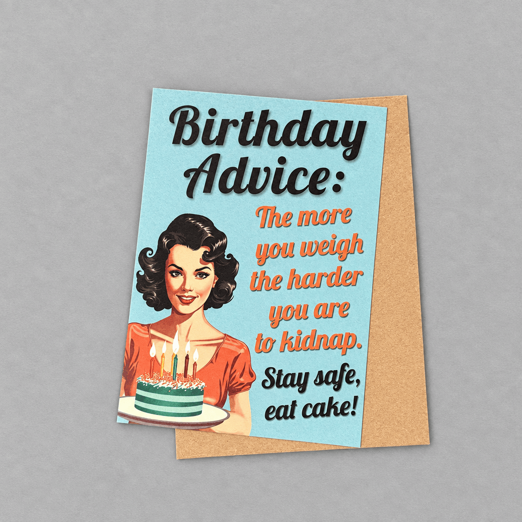 The More You Weigh vintage birthday card on a textured grey backdrop
