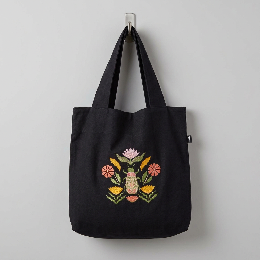 Tote hanging on a hook against a muted light-grey wall