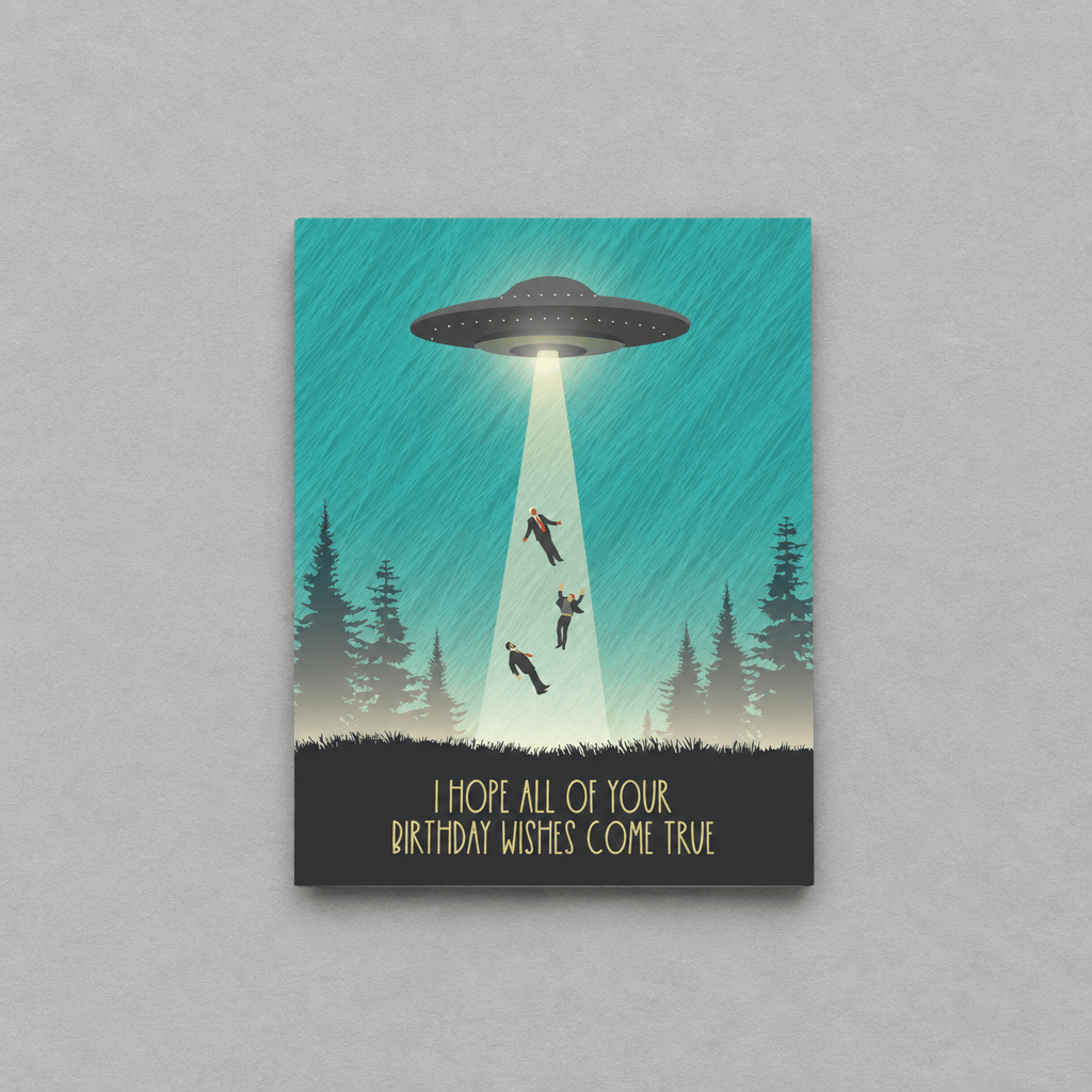 UFO Birthday Wishes Card photo 1 on the lighter grey backdrop