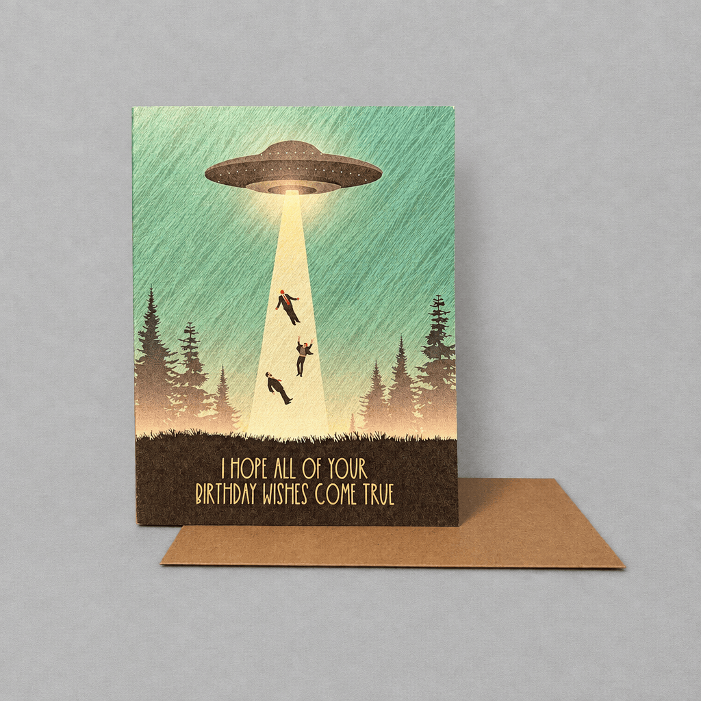 UFO Birthday Wishes Card photo 2 on the lighter grey backdrop