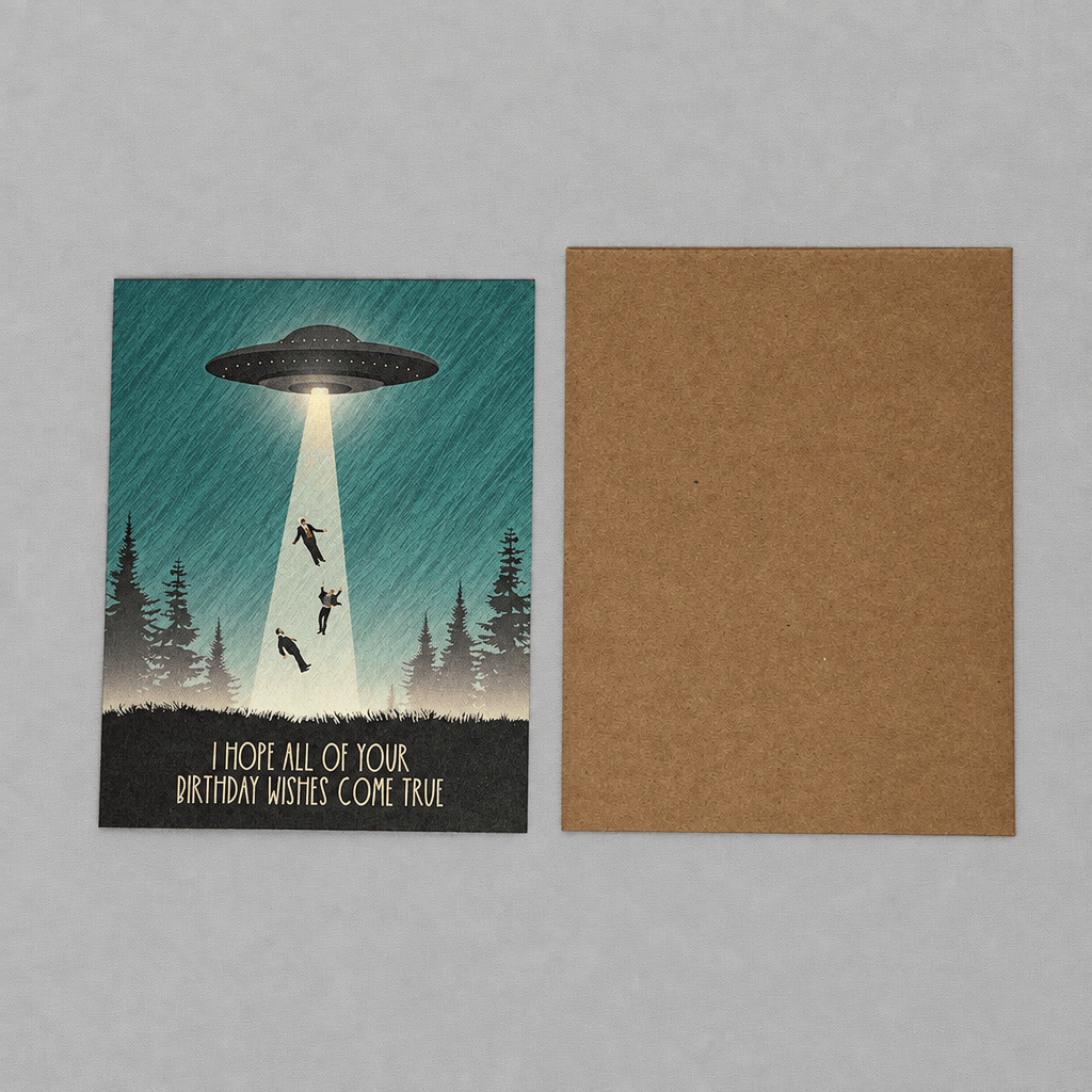 UFO Birthday Wishes Card photo 5 on the lighter grey backdrop