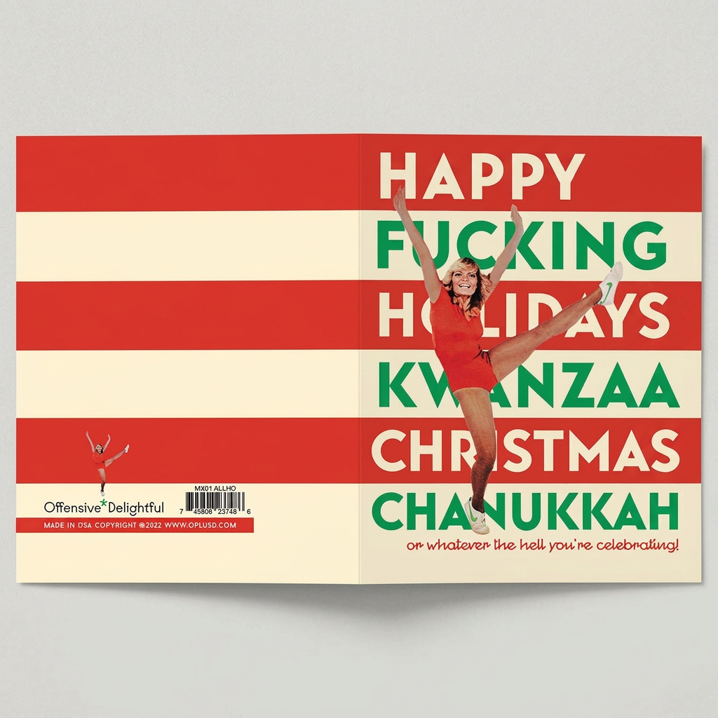 Unfolded holiday card on muted light-grey background