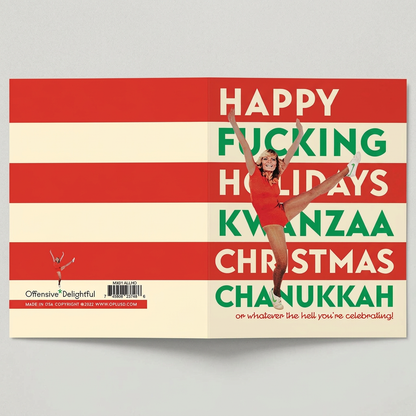 Unfolded holiday card on muted light-grey background