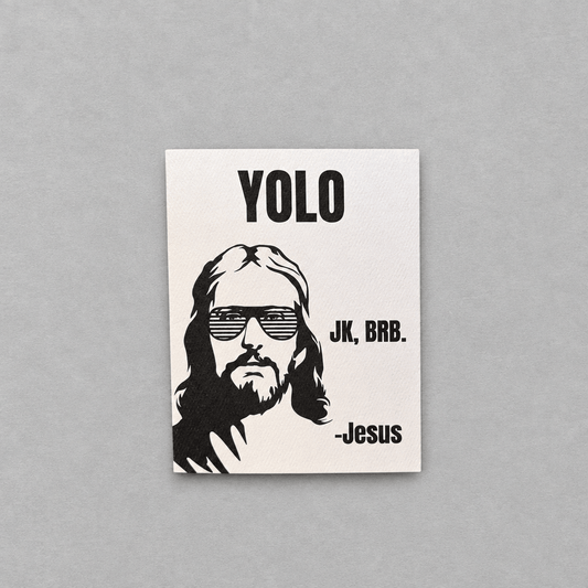 YOLO Jesus Easter Card photo 1 on the lighter grey backdrop