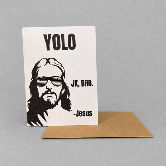 YOLO Jesus Easter Card photo 2 on the lighter grey backdrop