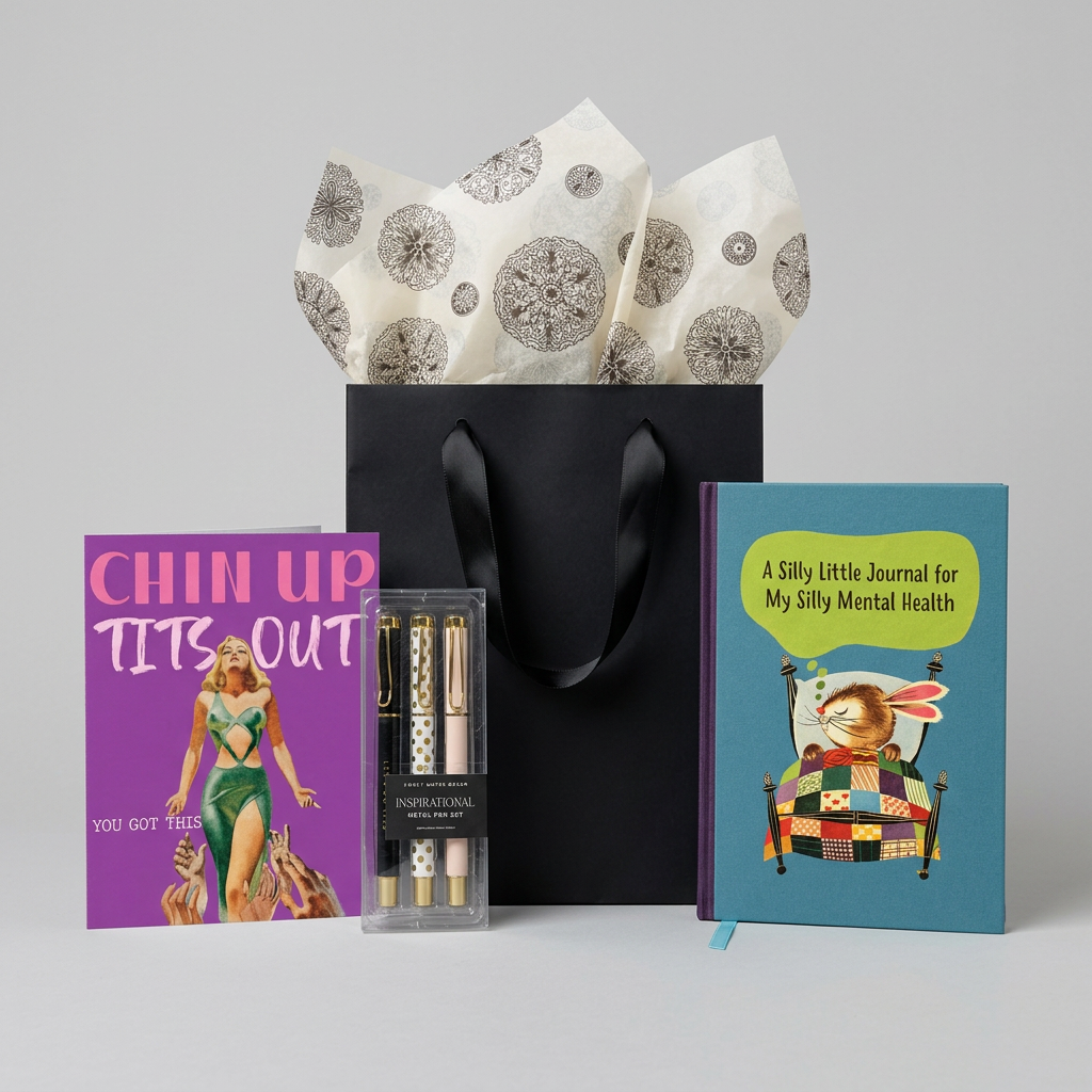 You're Doing Amazing. Allegedly Gift Set with journal, pen set, card, gift bag, and tissue on a grey backdrop